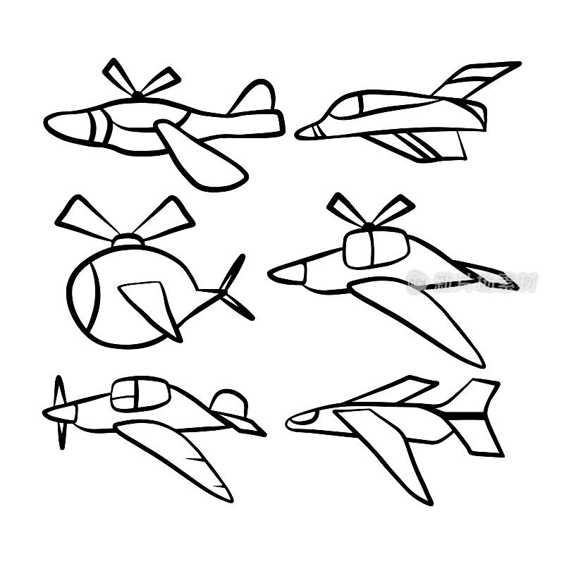 Set of airplanes hand drawn icons. The contours of the aircraft in doodle style isolated on white background. Simple graphic drawing decor for kids.